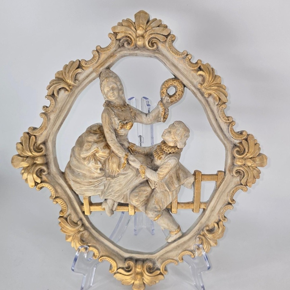 Vintage Chalkware Victorian Couple Wall Plaques Hand Painted Gold Gilt Set of 2